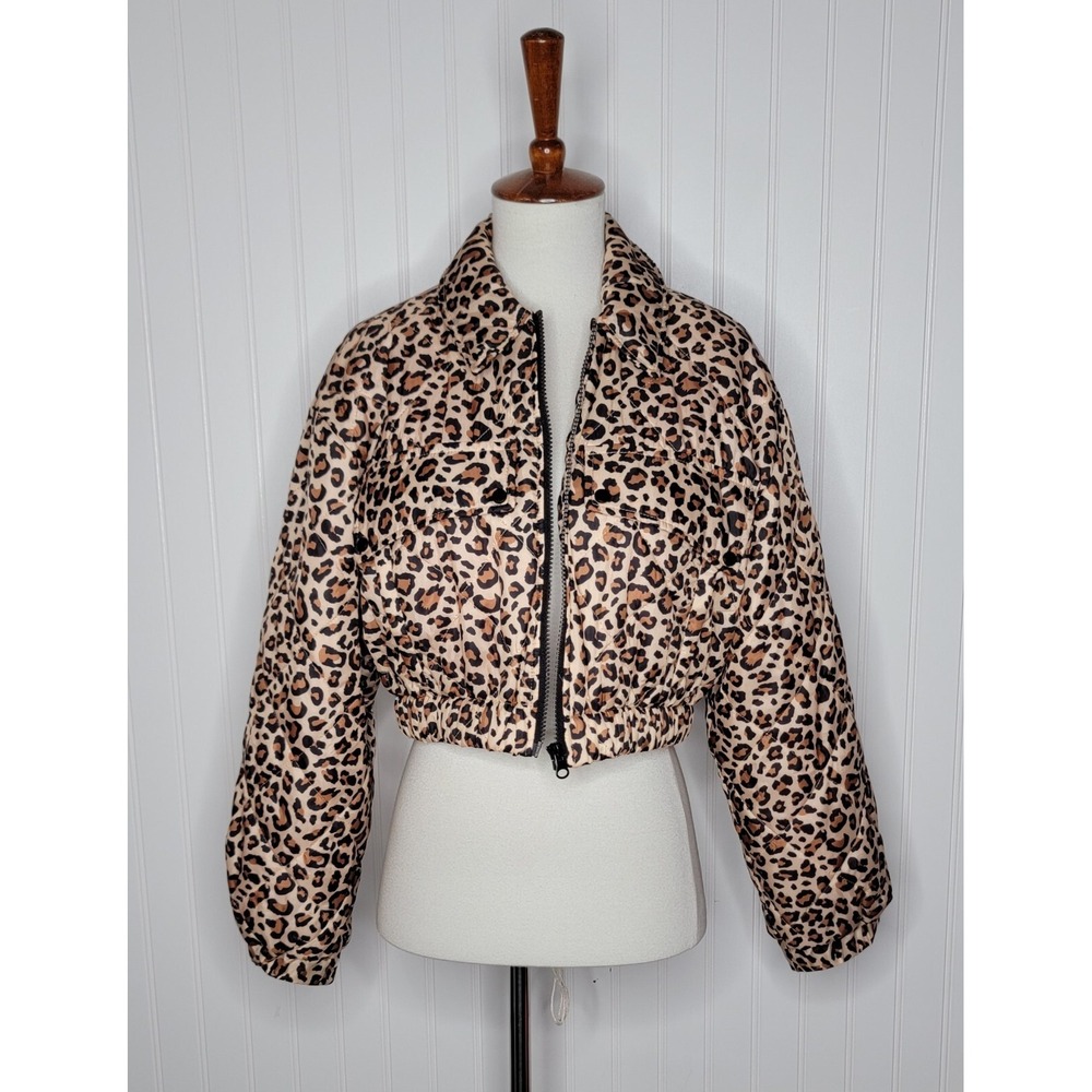 Zara Cropped Puffer Jacket Leopard Print Women's Size Small Full Zip
